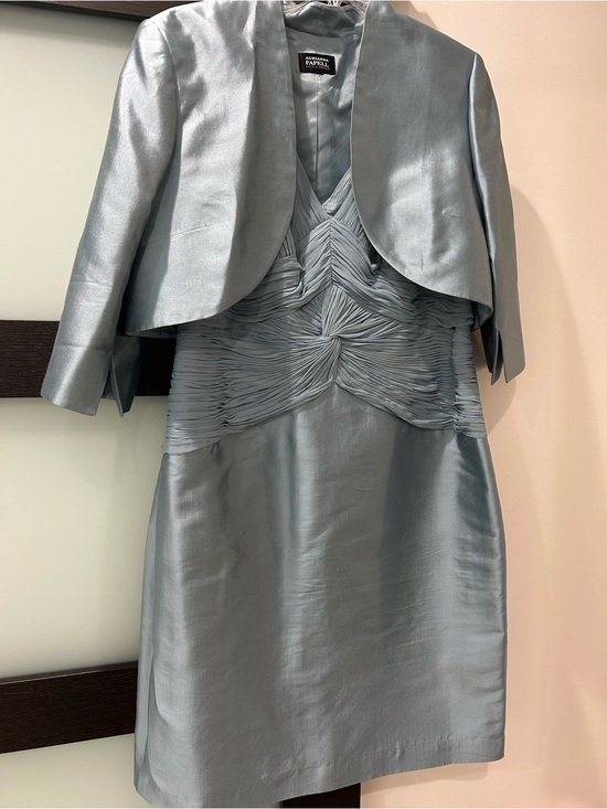 Adrianna Papell Dresses & Skirts - Adrianna Papell Silver-Blue Ruched V-Neck Midi Dress with Bolero